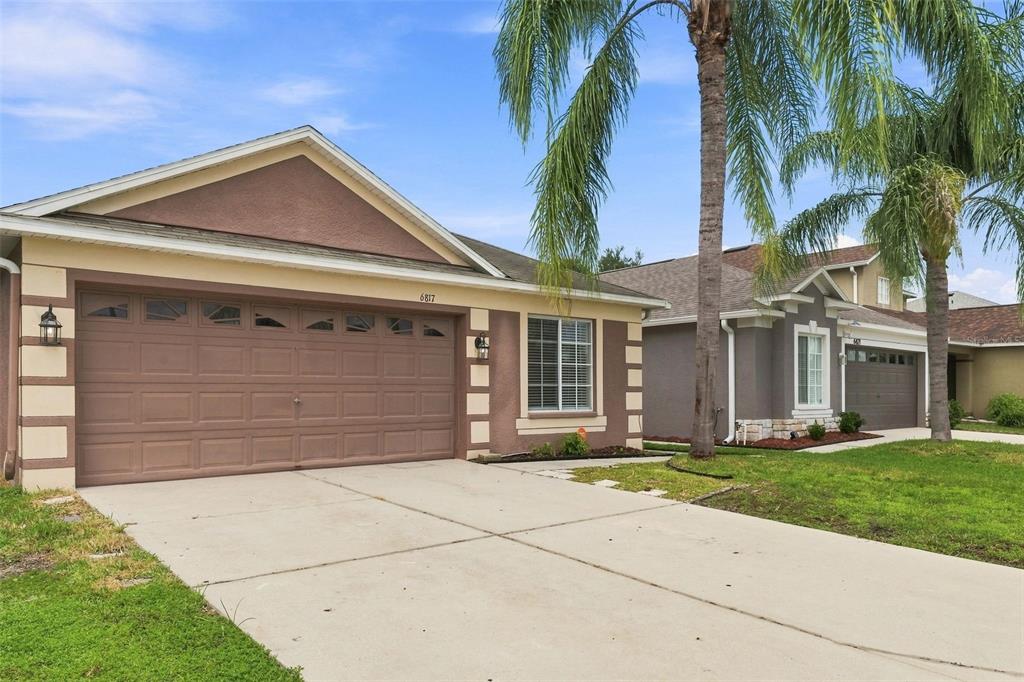 A single-story suburban house with a brown garage, stucco exterior, and a palm tree — 6817 ARAMON COURT, WESLEY CHAPEL, FL