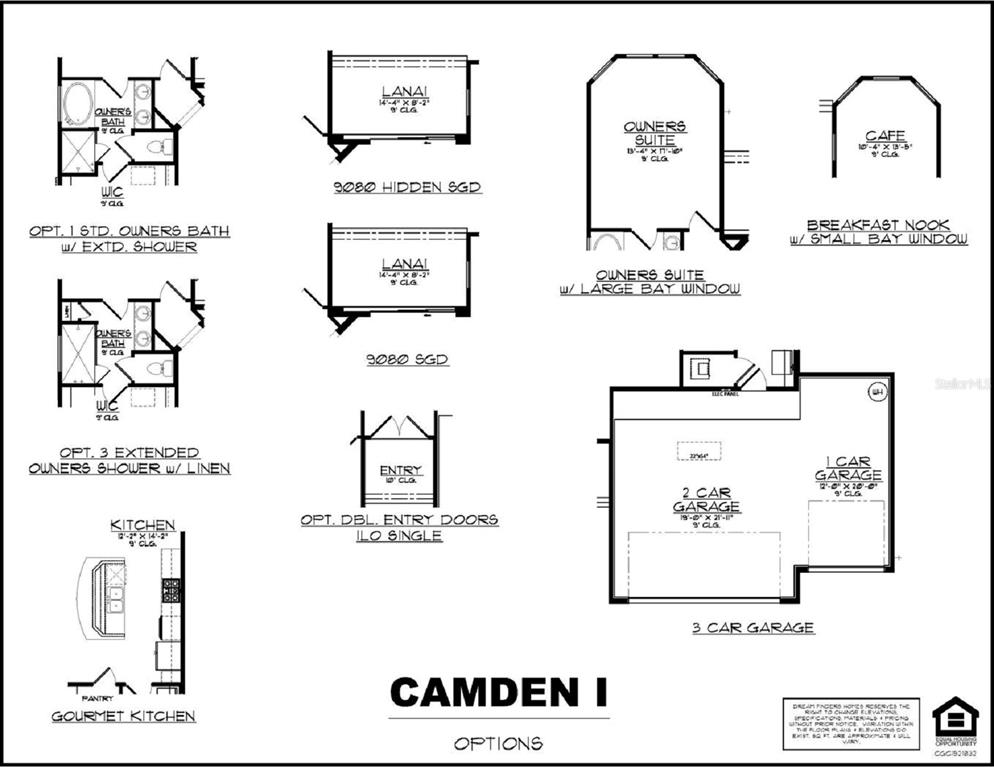This floor plan image displays various structural options for the Camden I home model — 3302 WILLOWLEAF LANE, GREEN COVE SPRINGS, FL