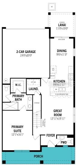 This is a floor plan for a single-story home featuring a garage, lanai, and porch — 172 RAINWOOD STREET, GROVELAND, FL