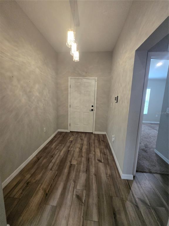 An entryway features wood-look flooring, light gray walls, and a three-light pendant fixture — 12730 MANGROVE FOREST DRIVE, RIVERVIEW, FL