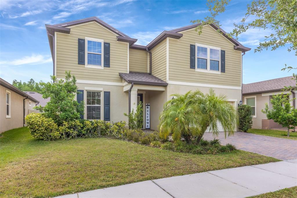 A two-story house with light green siding, dark shutters, and a paved driveway — 18928 WILLOWMORE CEDAR DRIVE, LUTZ, FL