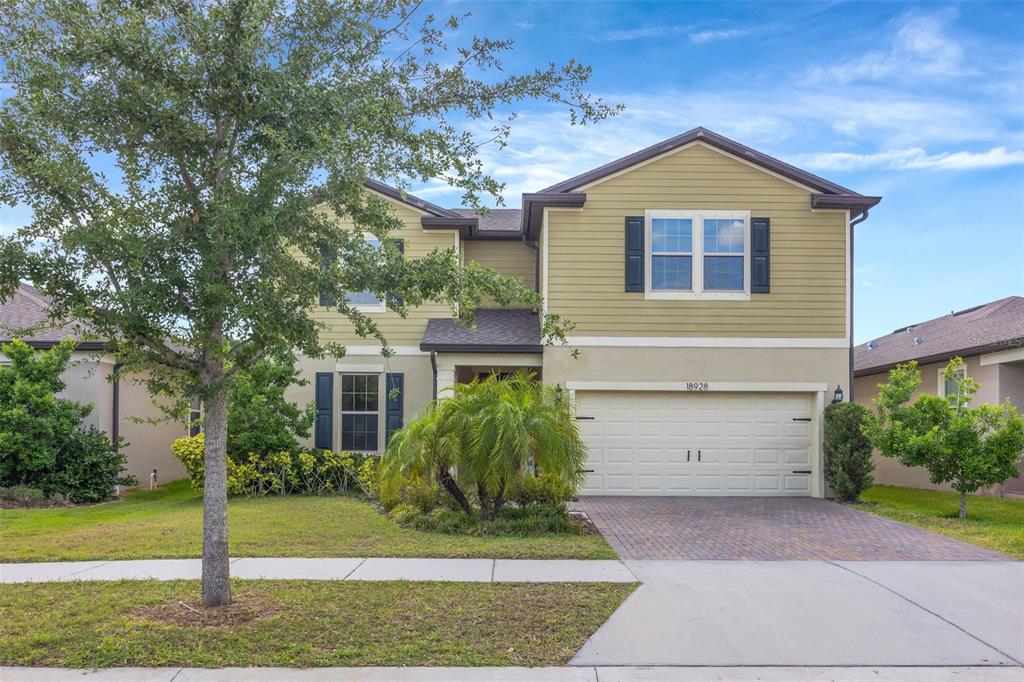 A two-story house with tan siding, a two-car garage, and a front yard with trees — 18928 WILLOWMORE CEDAR DRIVE, LUTZ, FL