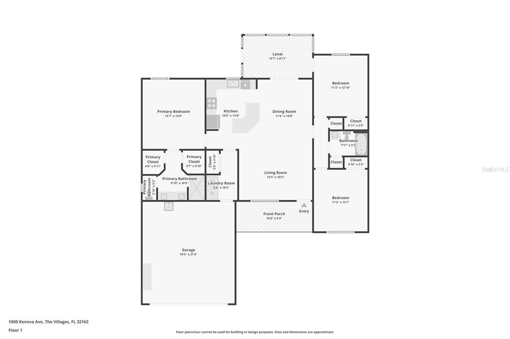 An open-concept kitchen and dining area features tile flooring, wood cabinets, and a ceiling fan — 1000 KENOVA AVENUE, THE VILLAGES, FL