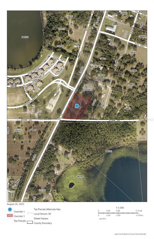 This is an aerial map showing a highlighted land parcel near a road and lake — 42012 STATE ROAD 19, ALTOONA, FL