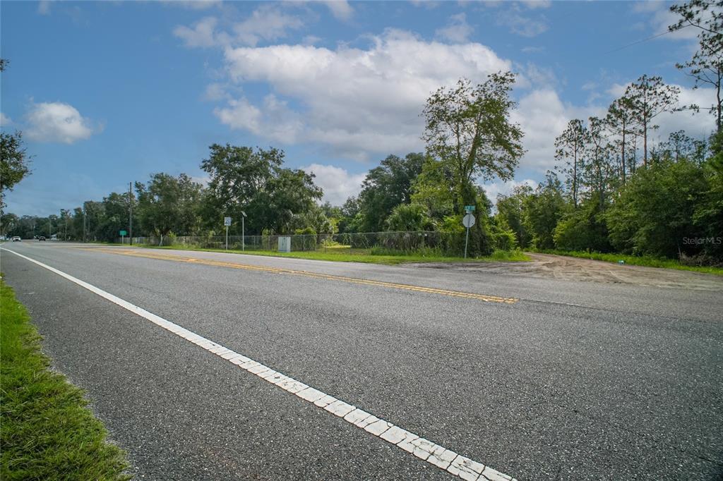 A paved road runs alongside a fenced, wooded lot under a partly cloudy sky — 42012 STATE ROAD 19, ALTOONA, FL