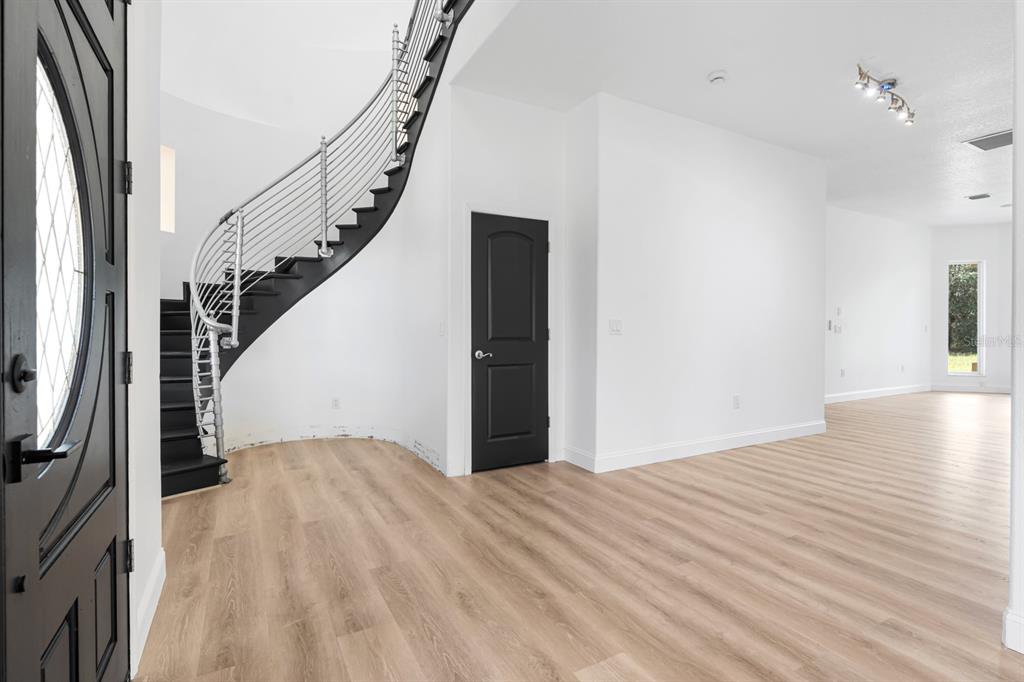 An entryway features light wood flooring, a curved staircase with black steps, and a black door — 11250 MCMULLEN ROAD, RIVERVIEW, FL