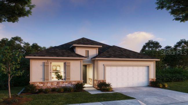 A digital rendering of a single-story suburban house with a stone facade and two-car garage — 21 SWEETBAY COURT E, HOMOSASSA, FL