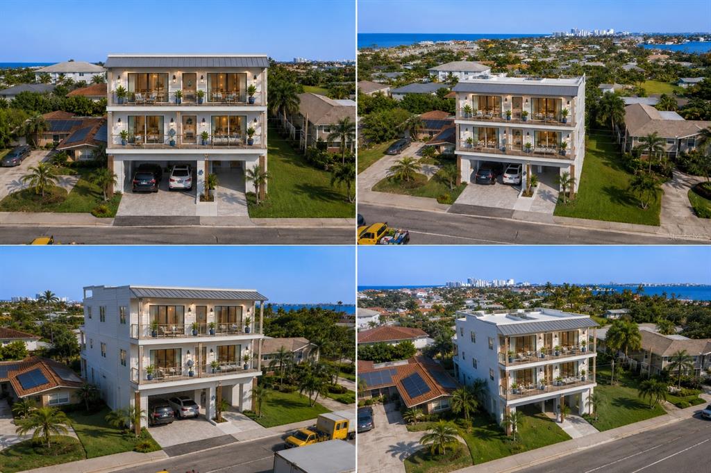 An aerial view shows a residential neighborhood with houses, a road, and a large bay — CAUSEWAY BOULEVARD, BELLEAIR BEACH, FL