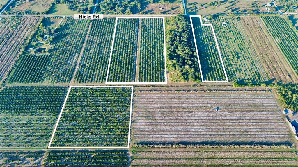 An aerial view shows several rectangular plots of agricultural land outlined in white near a road — 2205 HICKS ROAD, LORIDA, FL