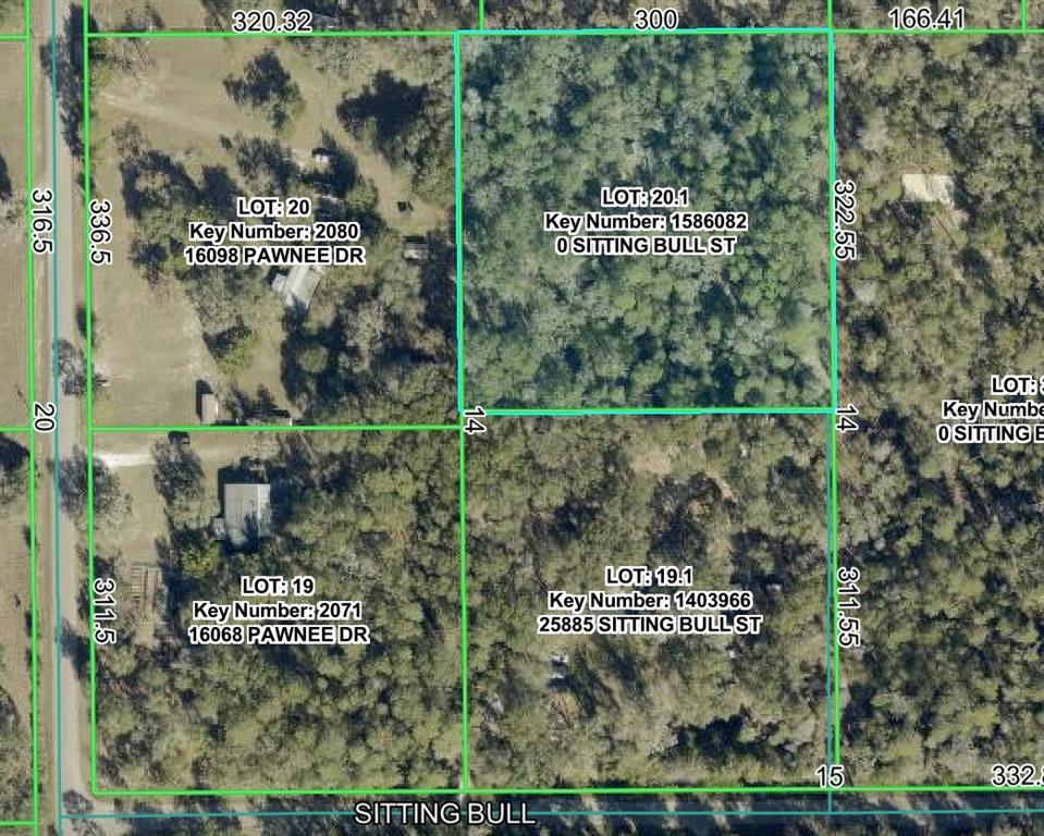 This is an aerial map showing property lot lines, dimensions, and parcel information for four adjacent lots — 25905 SITTING BULL STREET, BROOKSVILLE, FL