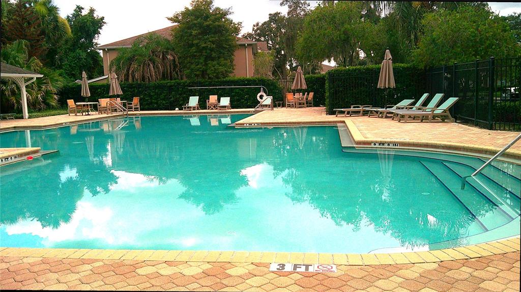 An outdoor swimming pool with lounge chairs, umbrellas, and a brick paver deck — 5718 FISHHAWK RIDGE DRIVE, LITHIA, FL