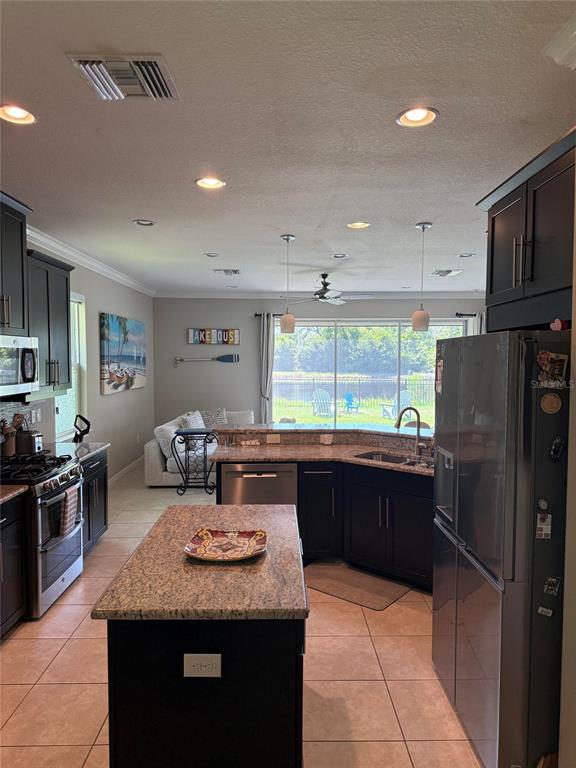 A kitchen with dark cabinets, granite countertops, and an island overlooks a living area — 6145 ANISE DRIVE, SARASOTA, FL