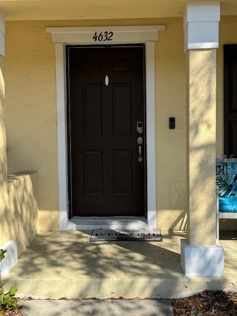 A dark brown front door with a house number above sits on a concrete porch — 4632 CHATTERTON WAY, RIVERVIEW, FL