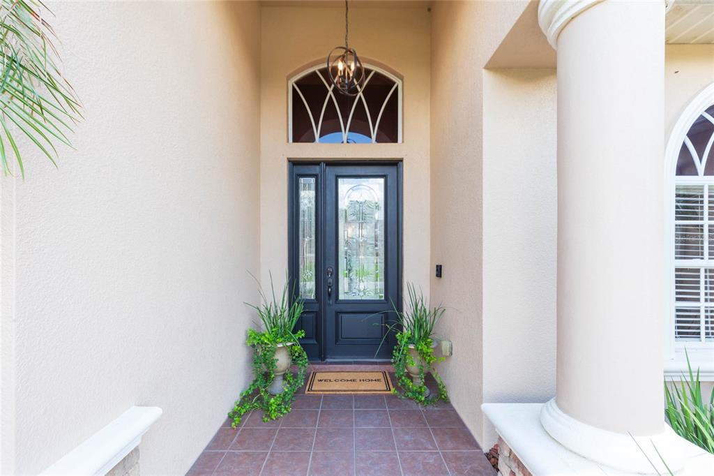 A dark front door with a glass insert sits under a decorative arched transom window — 11544 PINE HOLLOW WAY, DADE CITY, FL