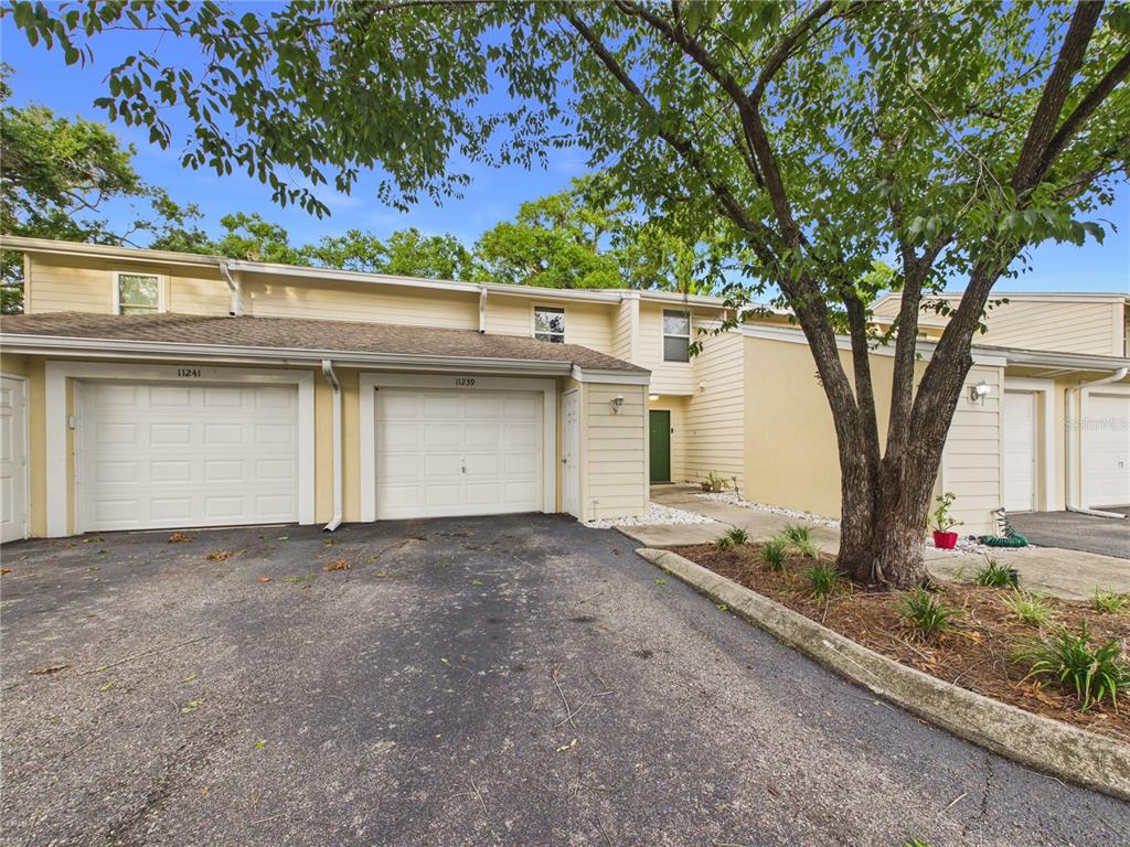 A row of townhouses with beige siding, white garage doors, and a paved driveway — 11239 CEDAR HOLLOW LANE, TAMPA, FL