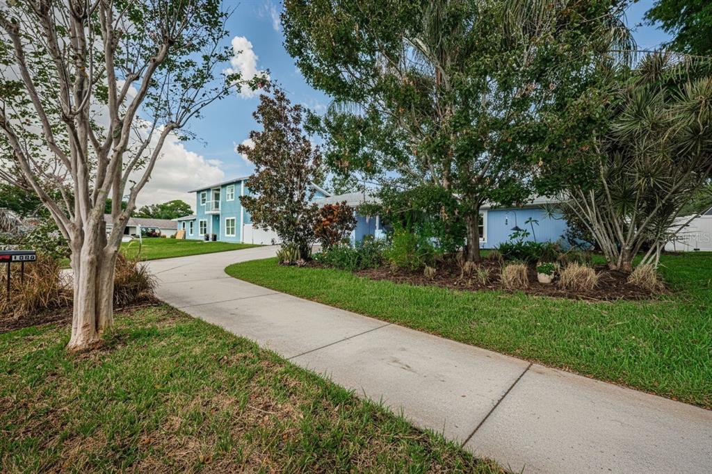 A blue two-story house with a curved concrete driveway and mature trees in the yard — 1886 ARGILE DRIVE, DUNEDIN, FL