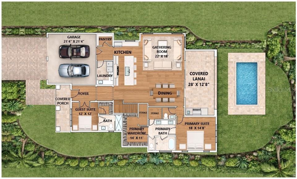 This floor plan shows a house layout with a garage, kitchen, gathering room, and pool — 946 ENCLAVE PLACE, WINTER PARK, FL