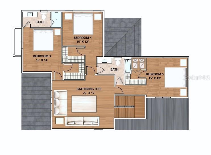 This floor plan shows an upper level with a gathering loft, three bedrooms, and two bathrooms — 946 ENCLAVE PLACE, WINTER PARK, FL