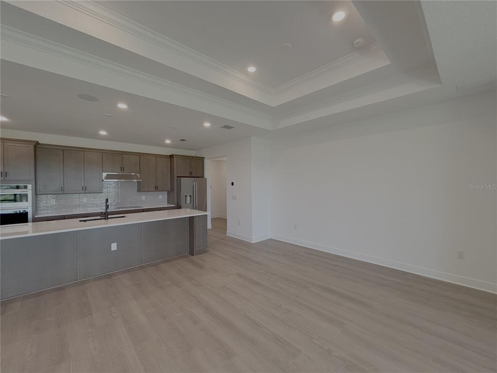 A modern kitchen features gray cabinetry, a large island, and a tray ceiling — 6360 SW 82 TERRACE, OCALA, FL