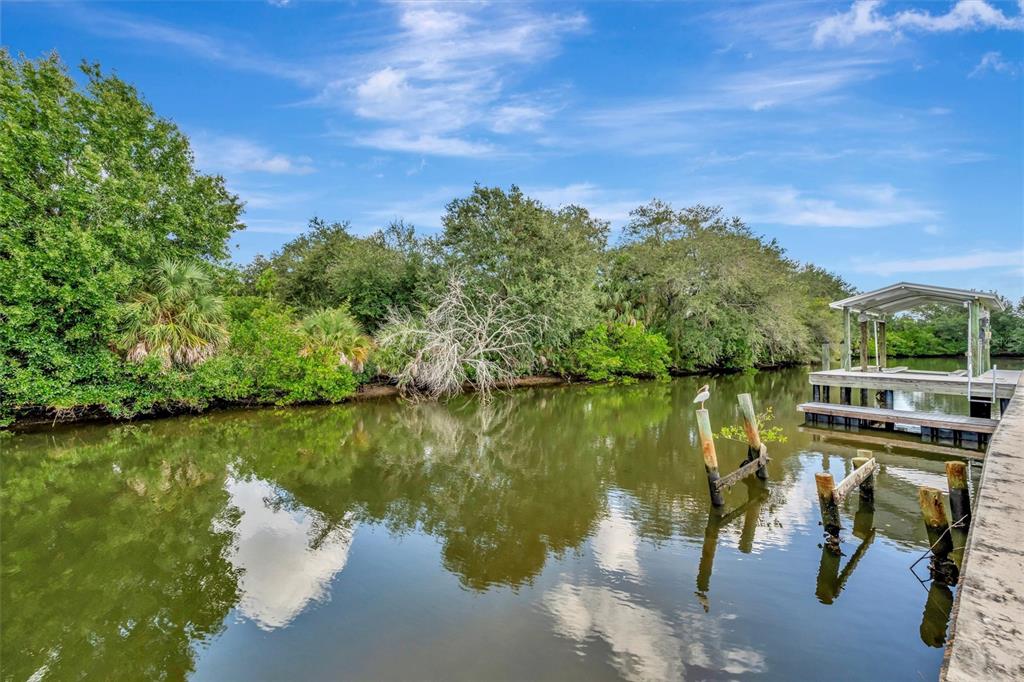 A wooden boat dock sits on a calm canal lined with lush green trees — 236 N SAINT THOMAS CIRCLE, APOLLO BEACH, FL