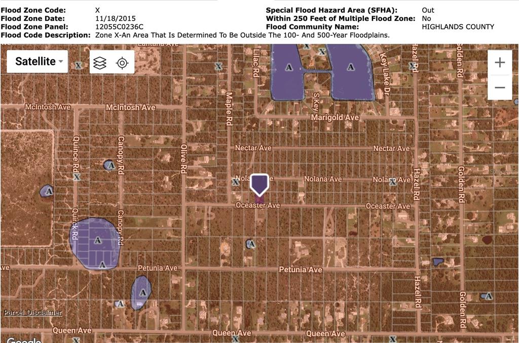 This is a flood zone map showing a property location in Highlands County, Florida — 1830 OLEASTER AVENUE, SEBRING, FL