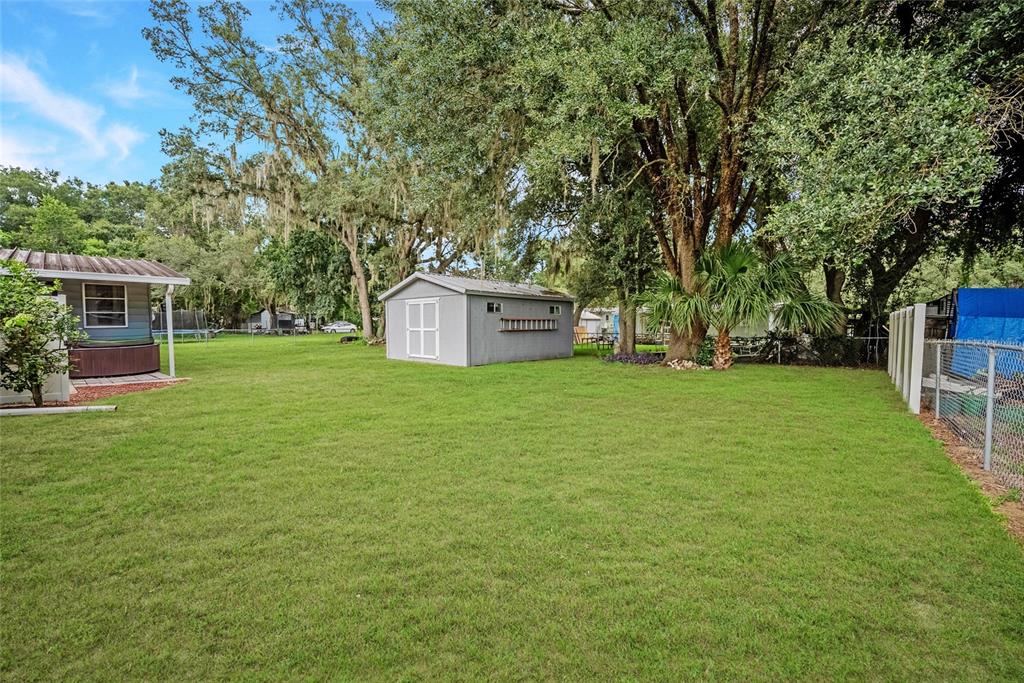A grassy backyard features a small gray shed, mature trees, and a partial house view — 9529 SW 30TH TERRACE, OCALA, FL