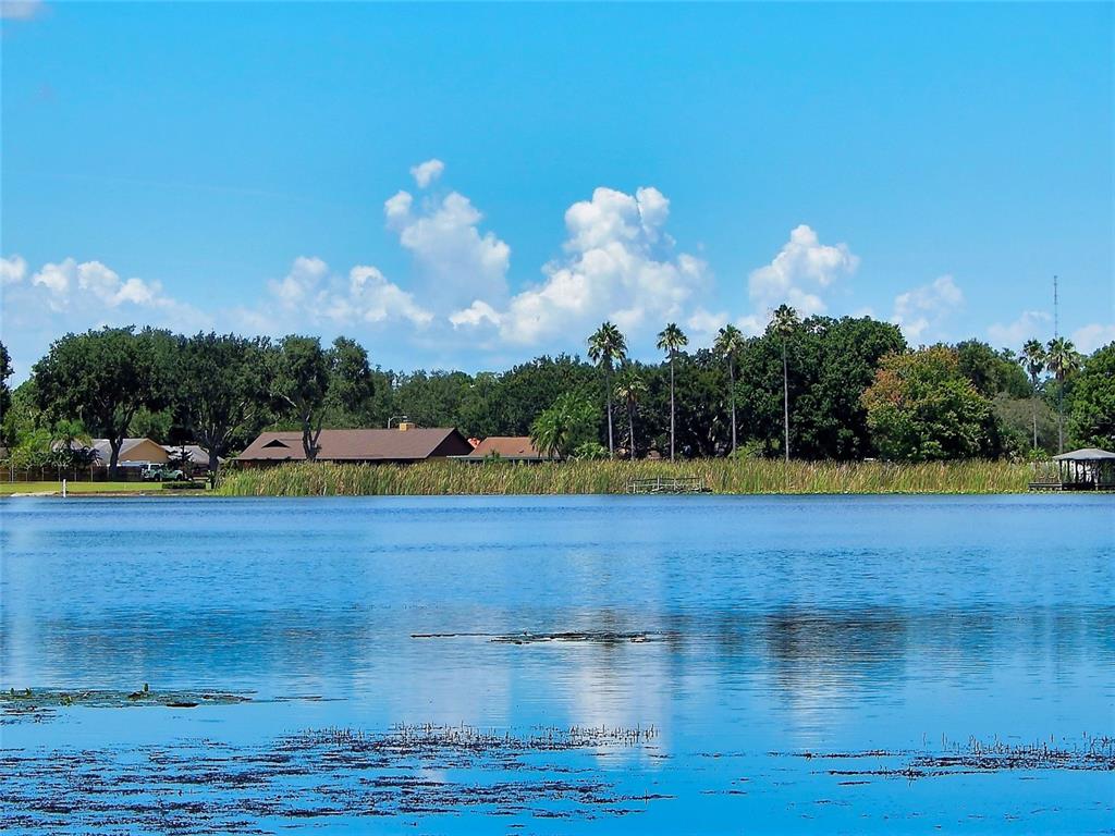 A calm lake reflects the blue sky, with trees and houses visible along the distant shore — 3017 BAY LAKE ROAD, ORLANDO, FL