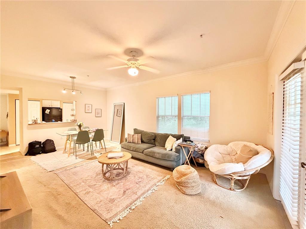 A living room features a green sofa, a round coffee table, and a papasan chair — 9177-203 SW 52ND ROAD UNIT 203, GAINESVILLE, FL