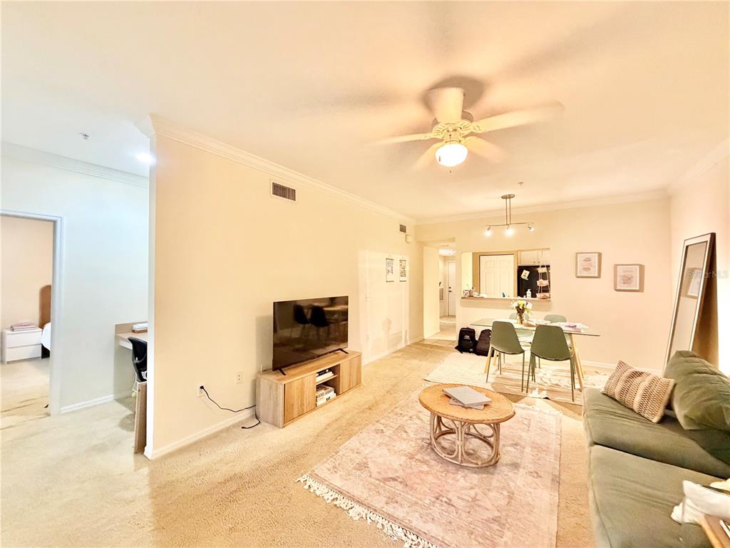 A living room with beige carpet, a television on a wooden stand, and dining area — 9177-203 SW 52ND ROAD UNIT 203, GAINESVILLE, FL