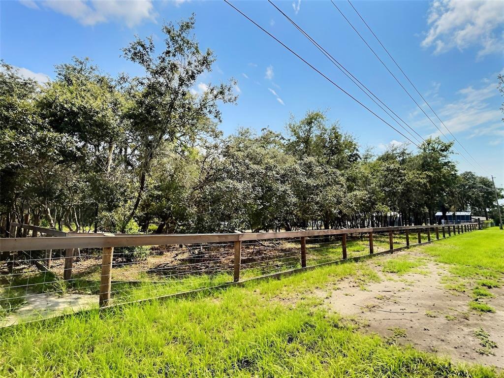 A wooden fence borders a grassy area with mature trees under a blue sky — 13354 TYRONE STREET, HUDSON, FL