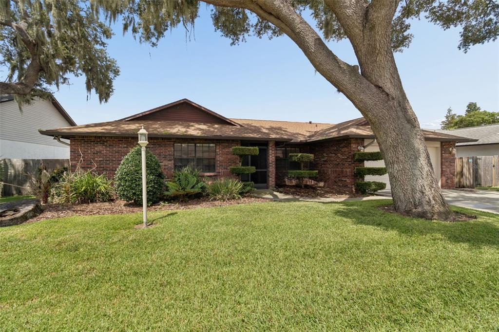 A single-story brick house with a large oak tree in the front yard — 653 TIMBER POND DRIVE, BRANDON, FL