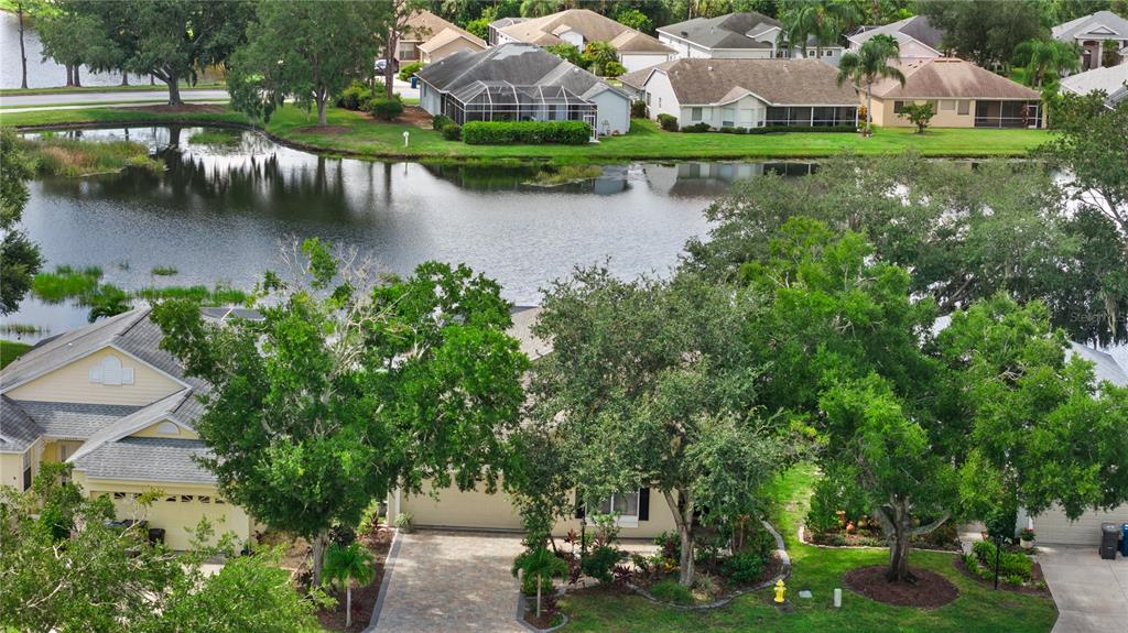 An aerial view of a suburban house with a paved driveway, trees, and a lake — 11326 BLUE SAGE PLACE, LAKEWOOD RANCH, FL