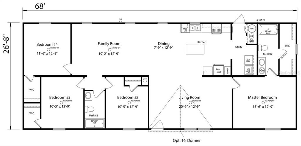 This is a floor plan for a four-bedroom, two-bathroom home with an open living area — 1110 NE 122ND AVENUE, WILLISTON, FL