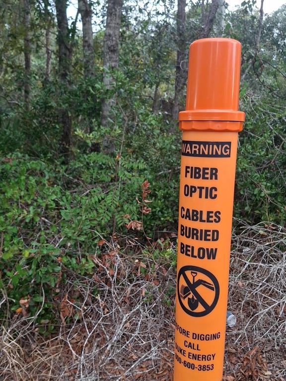 An orange fiber optic cable warning marker stands in a wooded area — SIXMA ROAD, DELTONA, FL