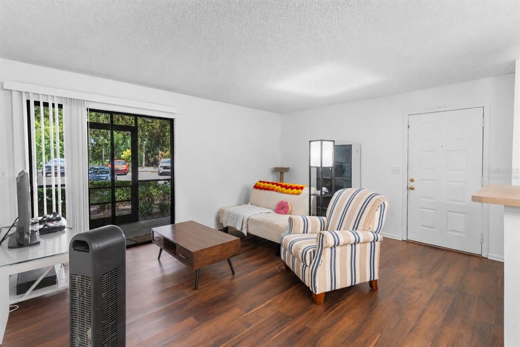A living room features wood-look flooring, a striped armchair, a coffee table, and a sliding door — 6018 LAKTREE LANE UNIT E, TEMPLE TERRACE, FL