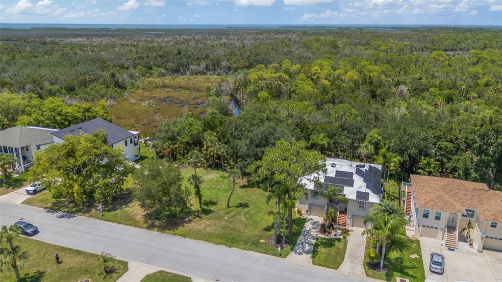 An aerial view shows houses along a street bordering a wooded area and coastal water — GULF WAY, HUDSON, FL