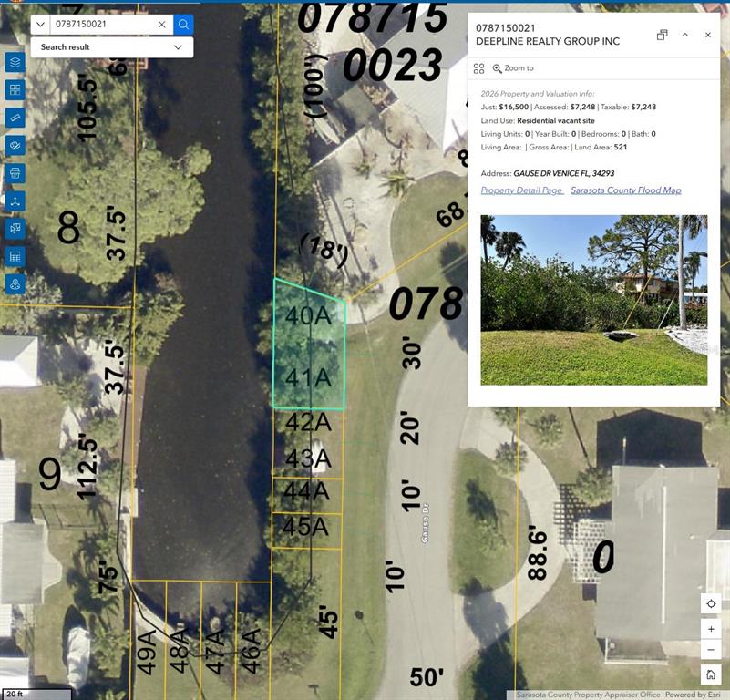 This is a digital map showing a highlighted residential vacant lot next to a canal — TBD GAUSE DRIVE, VENICE, FL