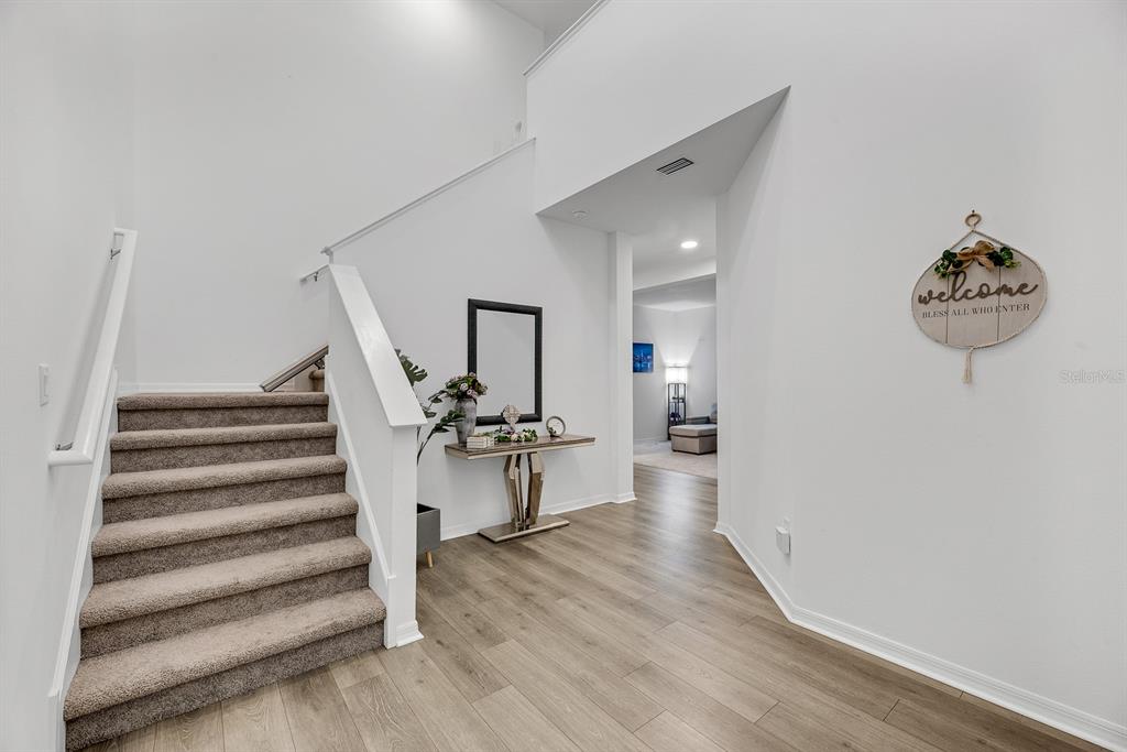 An entryway features a carpeted staircase, wood-look flooring, and a console table with a mirror — 31867 ASBURY AVENUE, WESLEY CHAPEL, FL