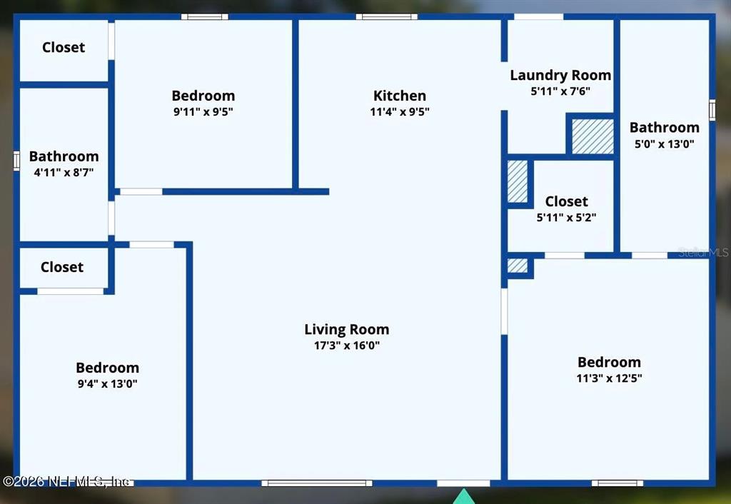 This is a floor plan showing the layout of a three-bedroom residential unit — 8689 ALEXA LANE, JACKSONVILLE, FL