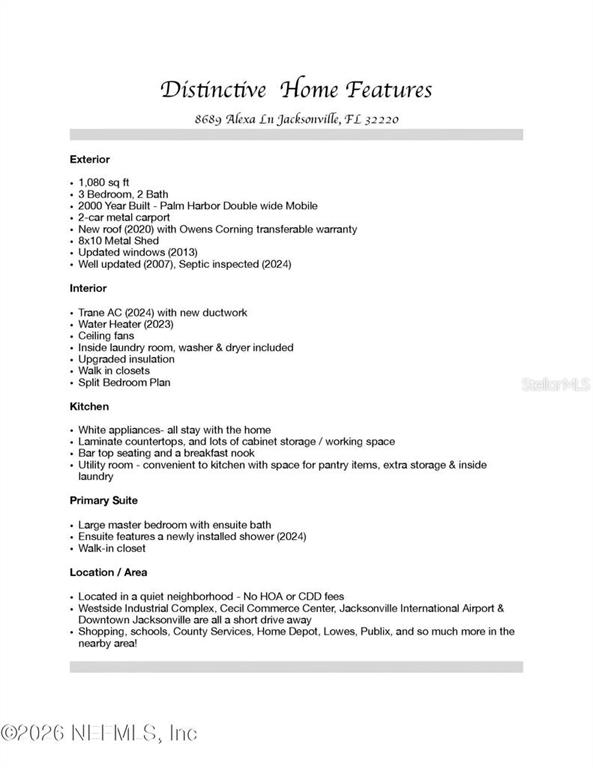 This document lists the exterior, interior, kitchen, and location features of a residential property — 8689 ALEXA LANE, JACKSONVILLE, FL