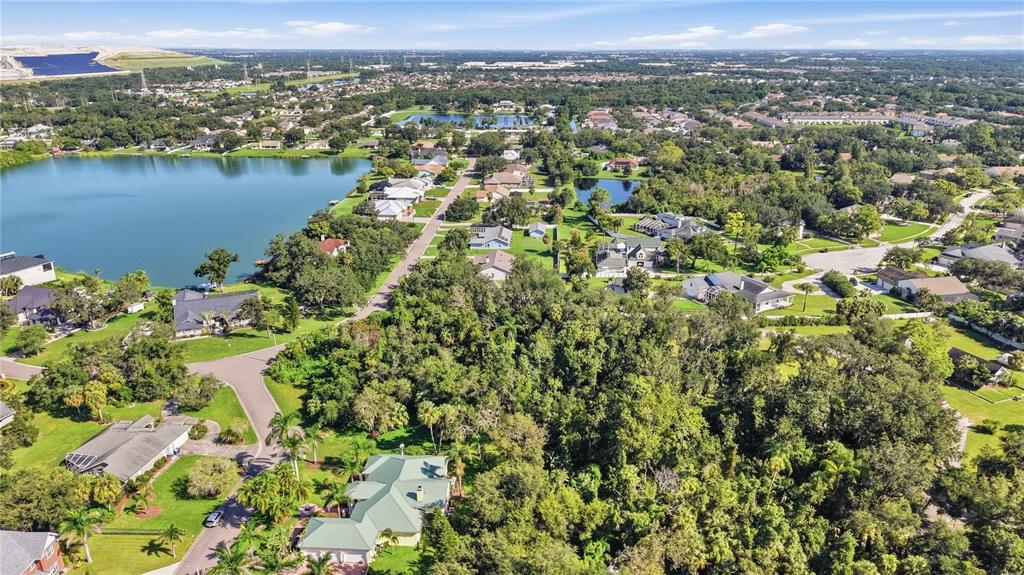 An aerial view shows a residential neighborhood with houses, a large lake, and dense trees — 8902 ALAFIA WAY, RIVERVIEW, FL