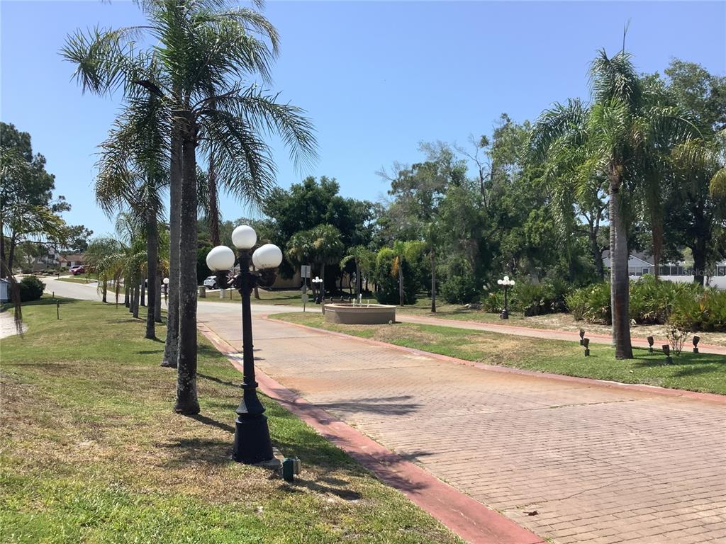A paved driveway leads toward a small fountain surrounded by palm trees and street lamps — 18657 WHITE PINE CIRCLE, HUDSON, FL