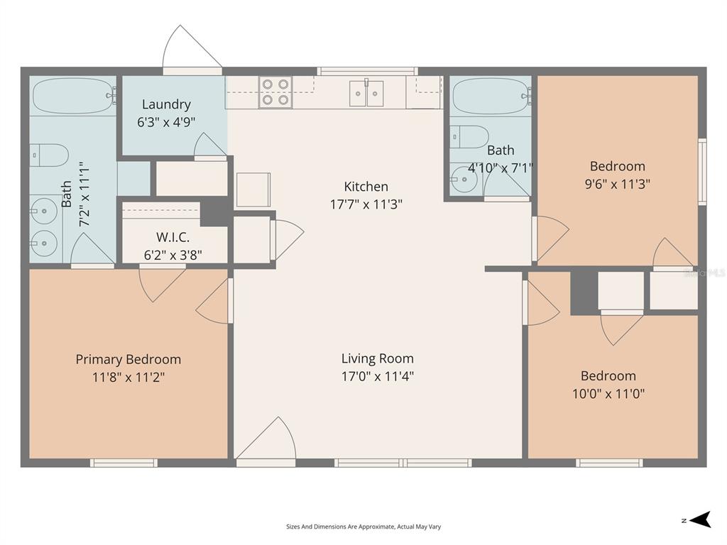 This is a floor plan of a three-bedroom, two-bathroom apartment with an open-concept living area — 8432 SWEDEN BOULEVARD, PUNTA GORDA, FL