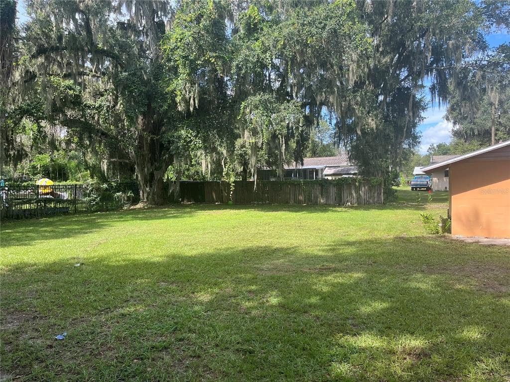 A grassy backyard features a wooden fence, large moss-draped trees, and a partial building exterior — 815 N ORANGE AVENUE, FORT MEADE, FL