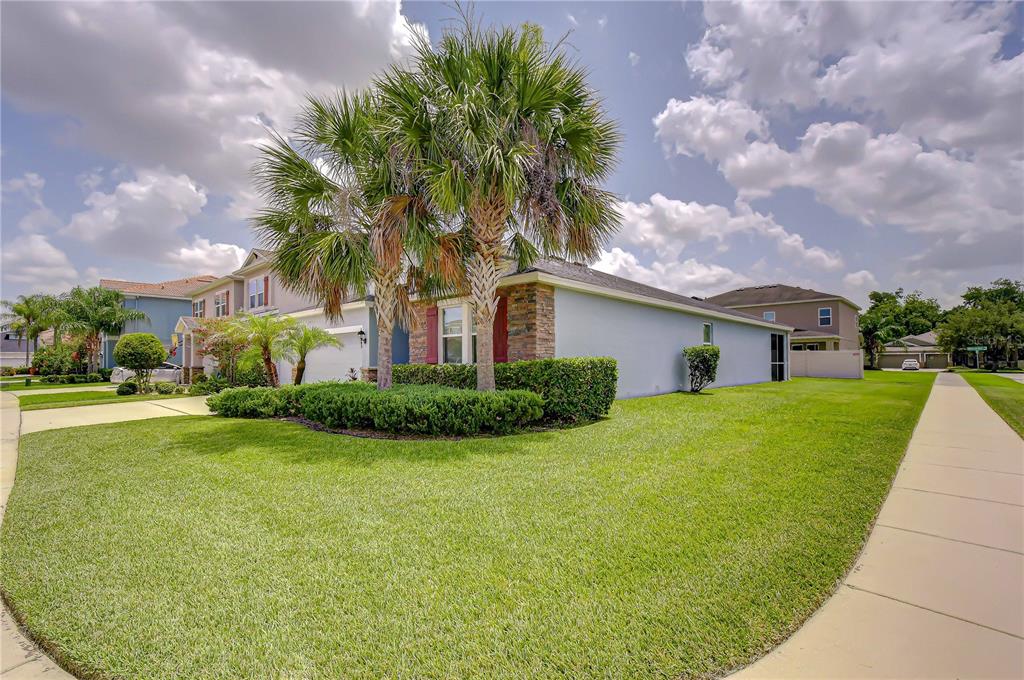 A single-story house with a stone facade, palm trees, and a green lawn — 6622 FAIRWATER DRIVE, RIVERVIEW, FL