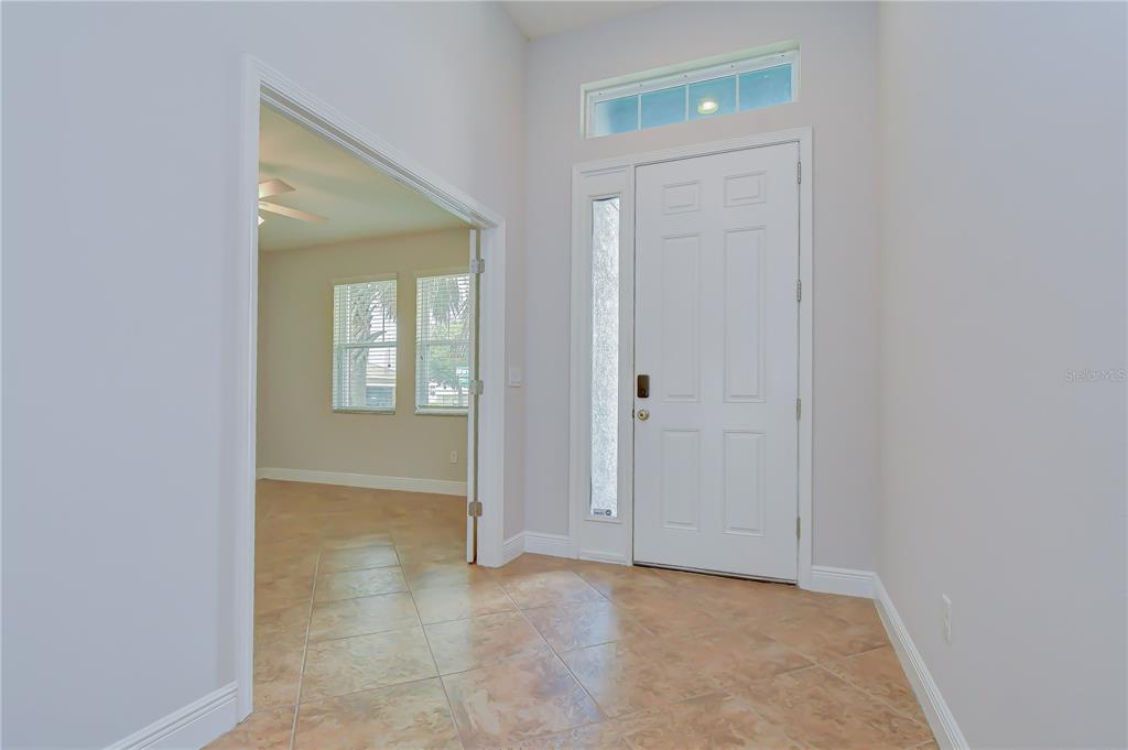 An entryway features a white front door with a sidelight, transom window, and tile flooring — 6622 FAIRWATER DRIVE, RIVERVIEW, FL