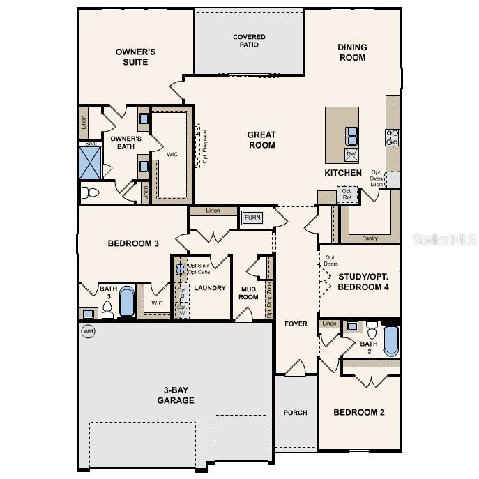 This image is a floor plan for a single-story house with a three-bay garage — 42 PEGASUS ROAD, FLAGLER BEACH, FL
