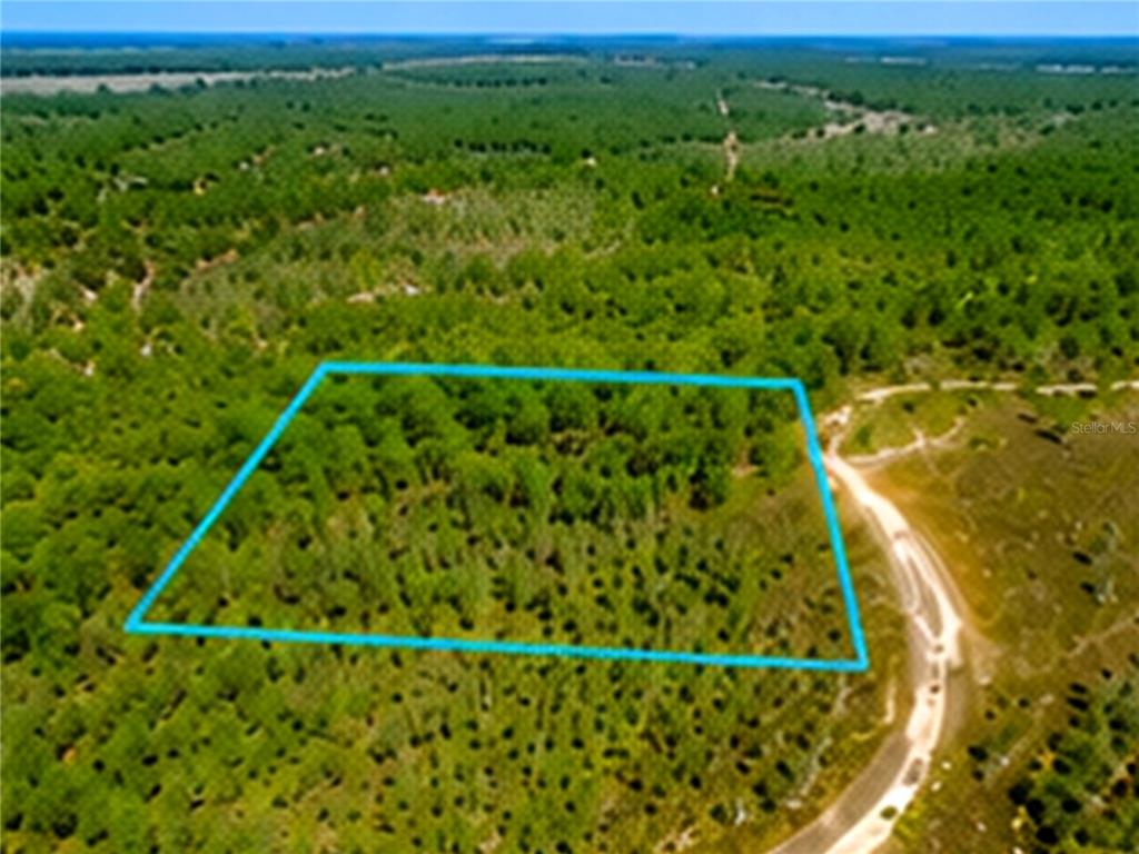 An aerial view shows a rectangular plot of land outlined in blue amidst wooded terrain — 000, MALABAR, FL