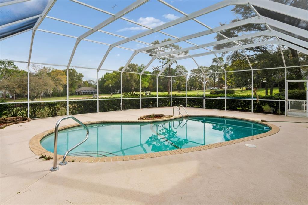 A screened-in swimming pool sits on a concrete patio overlooking a golf course — 375 E LIBERTY STREET, HERNANDO, FL