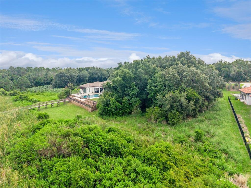 An aerial view shows a house with a pool surrounded by dense trees and vegetation — 15345 PENDIO DRIVE, MONTVERDE, FL